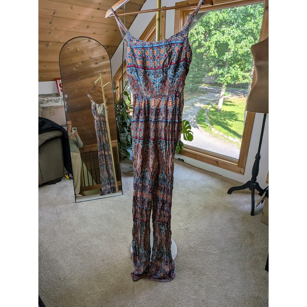 Atmosphere Boho Medallion Print Jumpsuit Blue Red Wide Leg Tie Back Size 6
